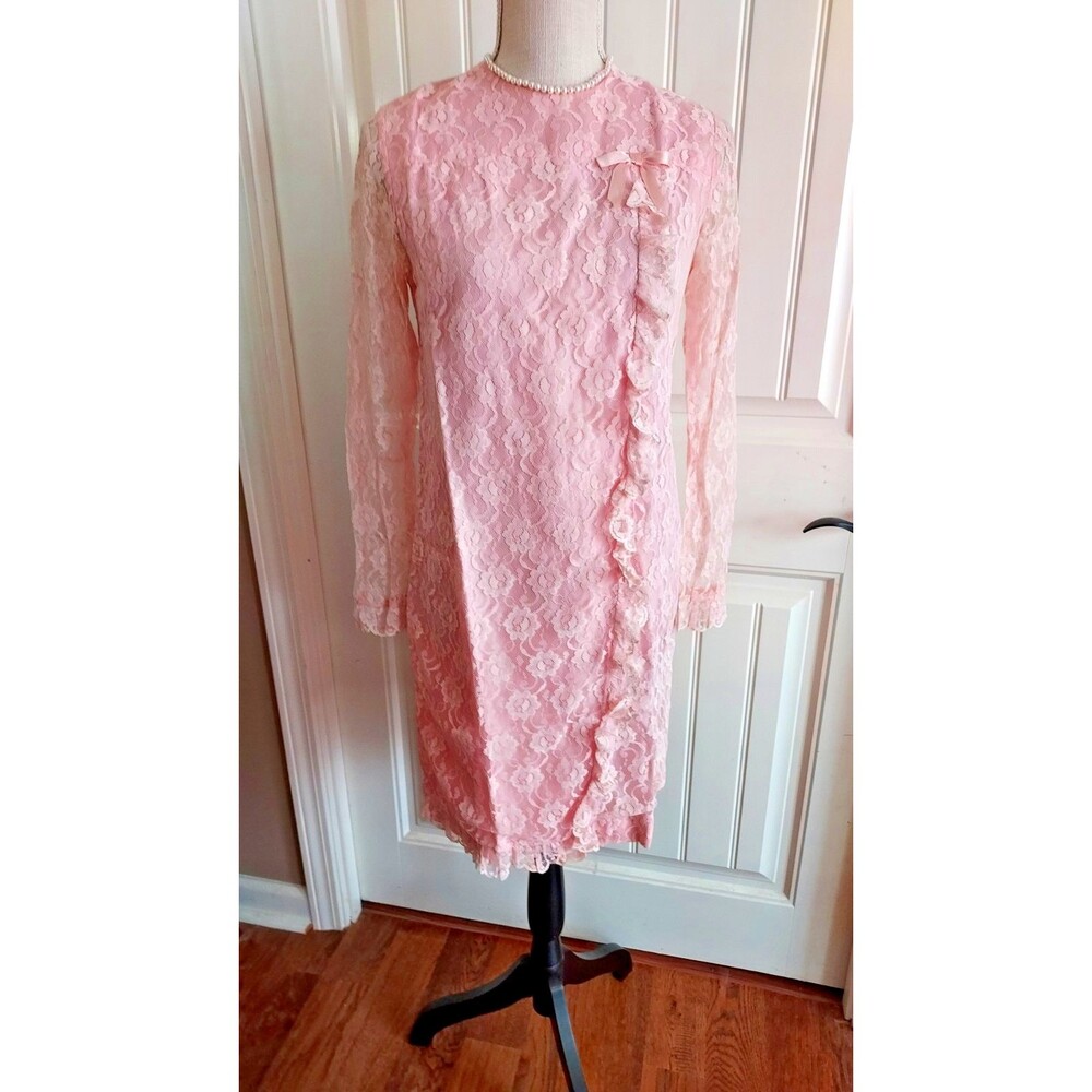 VTG 60s 70s Vicky Vaughn Junior Pink Lace Dress Mod Romantic Prom Coquette S/M